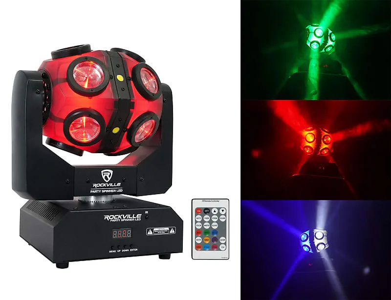 (2) Rockville Party Spinner LED Moving Head RGBW DMX DJ Lights   Bags   Cables (2) PARTY SPINNER LED (2) RLB80 RDX3M25