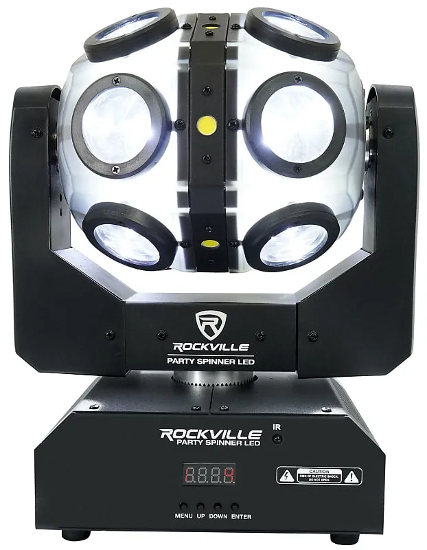 (2) Rockville Party Spinner LED Moving Head RGBW DMX DJ Lights   Bags   Cables (2) PARTY SPINNER LED (2) RLB80 RDX3M25