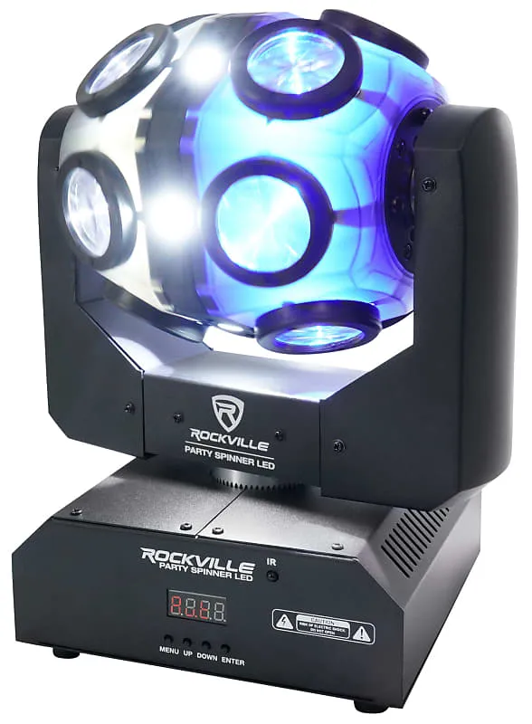 (2) Rockville Party Spinner LED Moving Head RGBW DMX DJ Lights   Bags   Cables (2) PARTY SPINNER LED (2) RLB80 RDX3M25