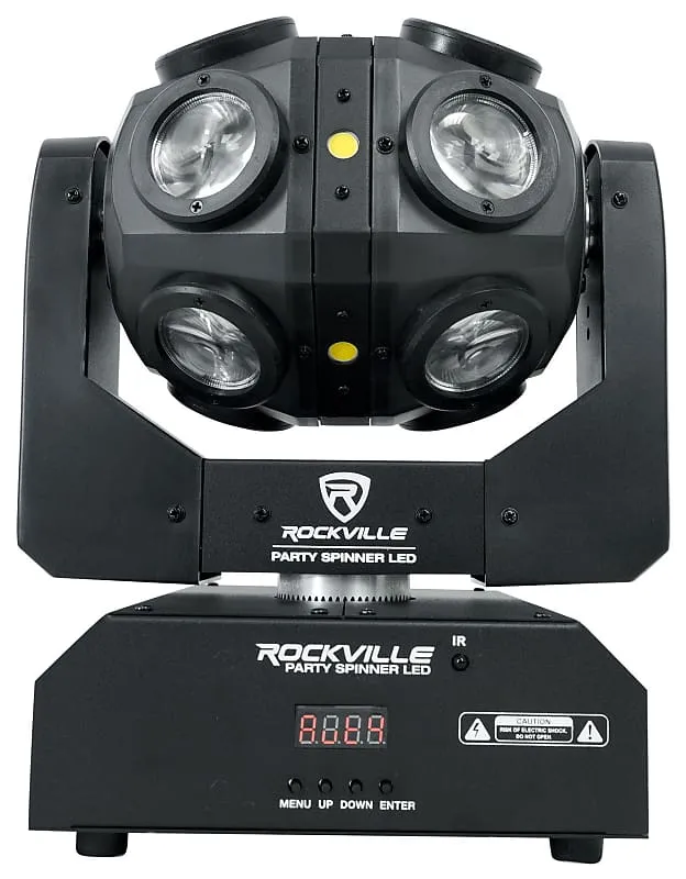 (2) Rockville Party Spinner LED Moving Head RGBW DMX DJ Lights   Bags   Cables (2) PARTY SPINNER LED (2) RLB80 RDX3M25