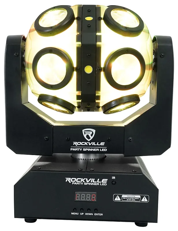 (2) Rockville Party Spinner LED Moving Head RGBW DMX DJ Lights   Bags   Cables (2) PARTY SPINNER LED (2) RLB80 RDX3M25