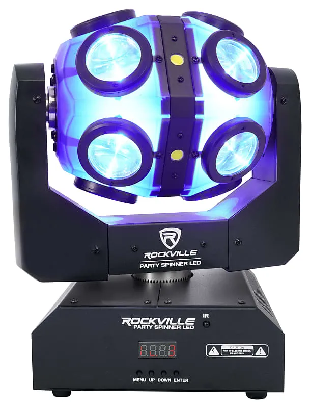 (2) Rockville Party Spinner LED Moving Head RGBW DMX DJ Lights   Bags   Cables (2) PARTY SPINNER LED (2) RLB80 RDX3M25