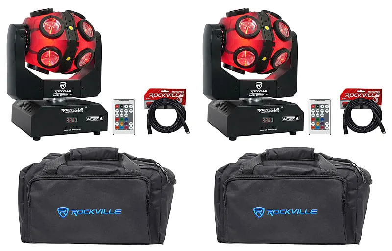 (2) Rockville Party Spinner LED Moving Head RGBW DMX DJ Lights   Bags   Cables (2) PARTY SPINNER LED (2) RLB80 RDX3M25