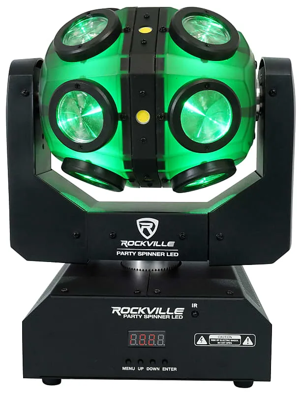 (2) Rockville Party Spinner LED Moving Head RGBW DMX DJ Lights   Bags   Cables (2) PARTY SPINNER LED (2) RLB80 RDX3M25