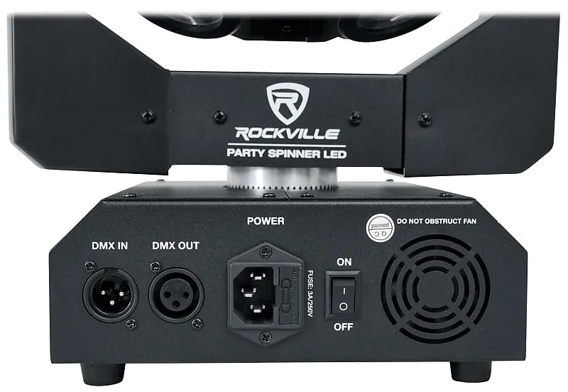 (2) Rockville Party Spinner LED Moving Head RGBW DMX DJ Lights   Bags   Cables (2) PARTY SPINNER LED (2) RLB80 RDX3M25