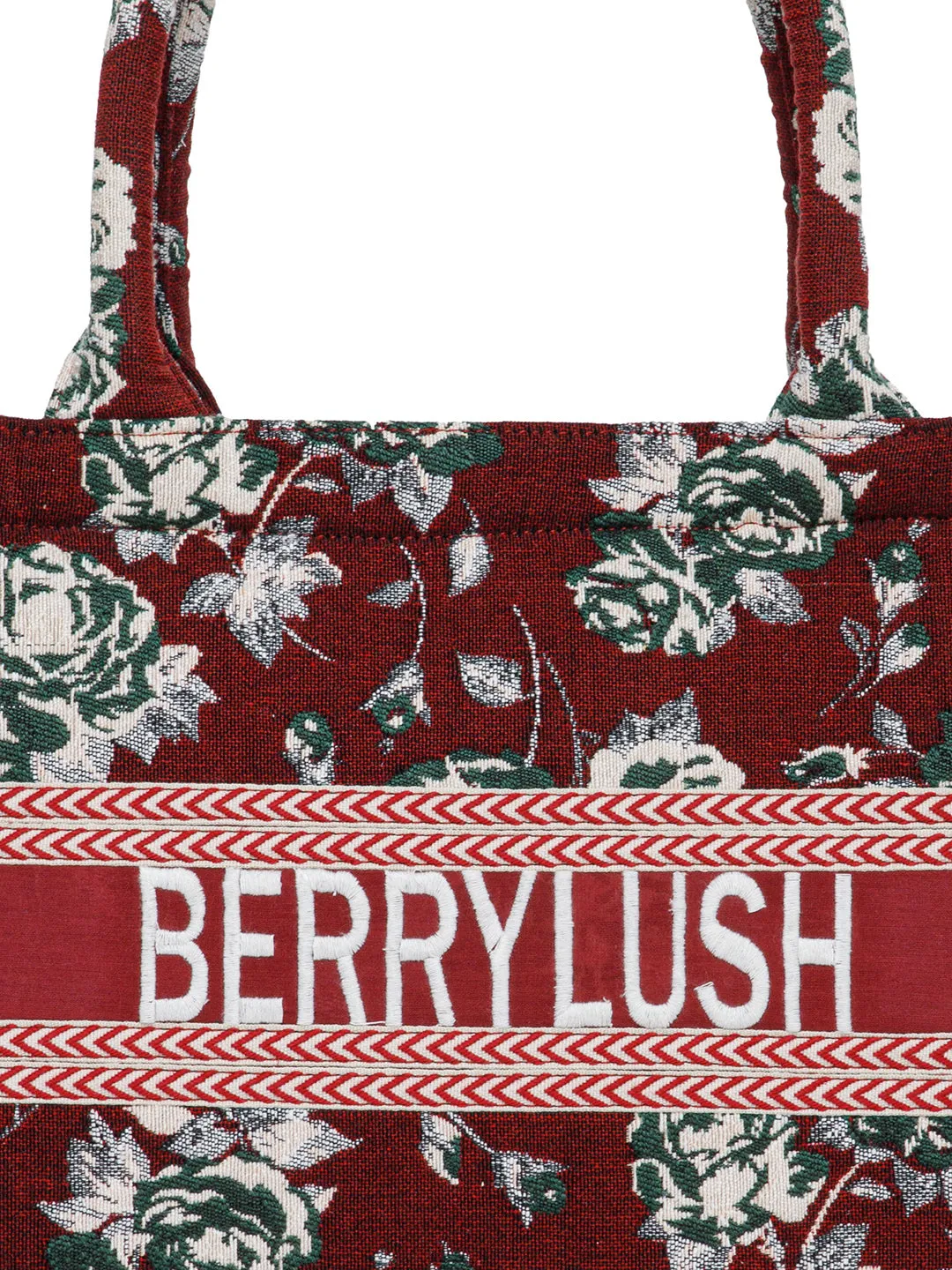 Berrylush Women Maroon & White Floral Printed Polyester Zipper-Up Embroidered Tote Bag