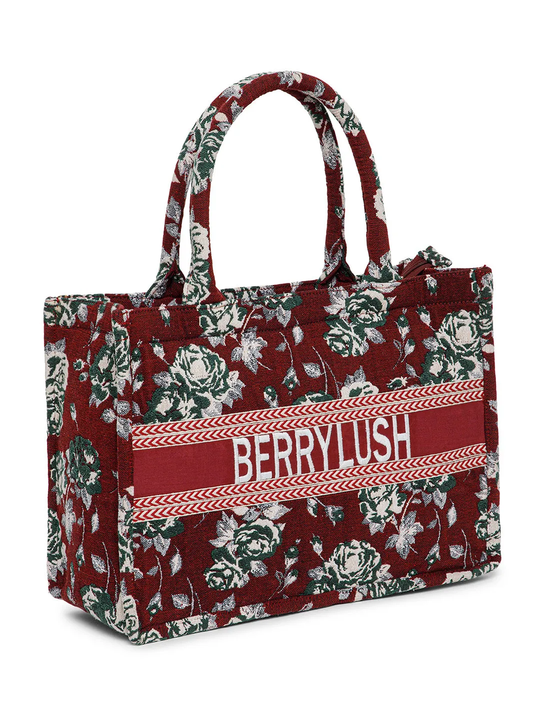 Berrylush Women Maroon & White Floral Printed Polyester Zipper-Up Embroidered Tote Bag