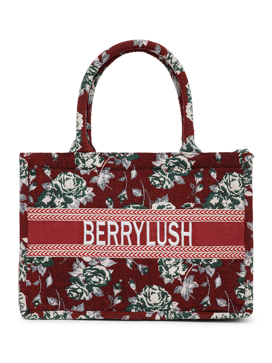 Berrylush Women Maroon & White Floral Printed Polyester Zipper-Up Embroidered Tote Bag