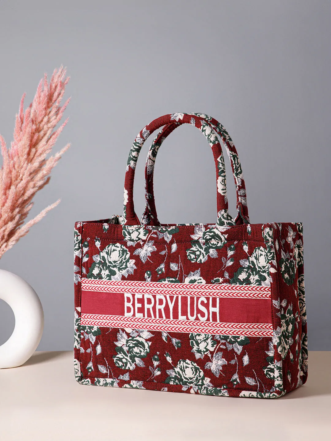 Berrylush Women Maroon & White Floral Printed Polyester Zipper-Up Embroidered Tote Bag