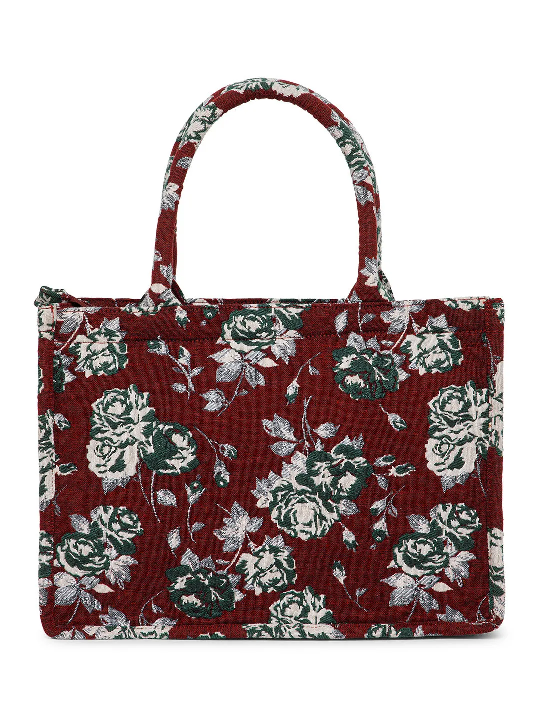 Berrylush Women Maroon & White Floral Printed Polyester Zipper-Up Embroidered Tote Bag