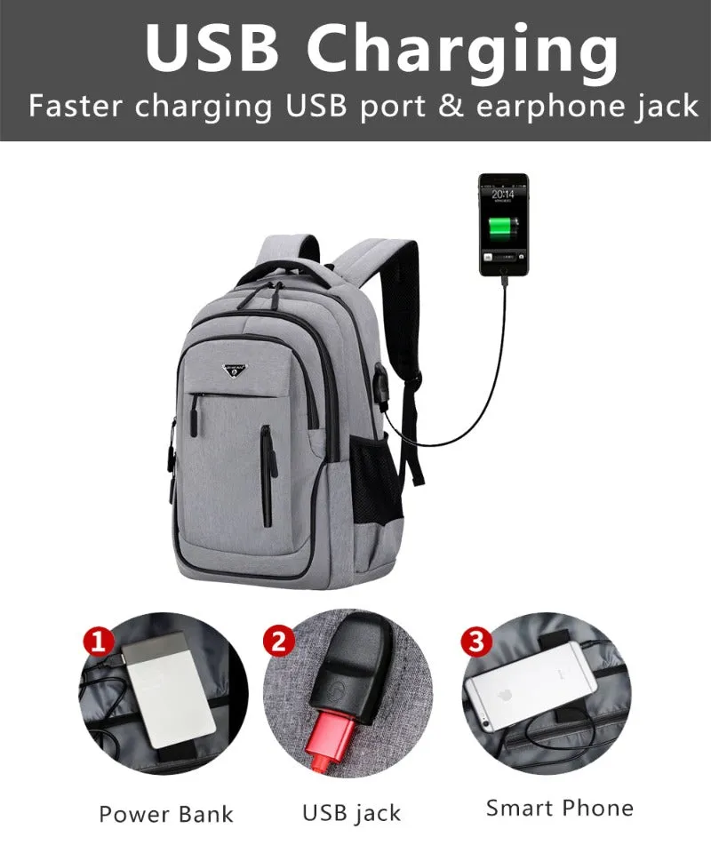 Big Capacity Men Backpack Multifunctional  Oxford Gray Solid USB Charging Student Schoolbag