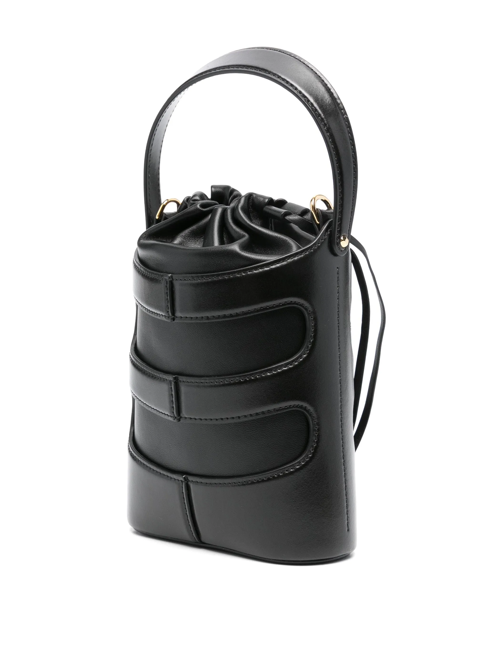 Black Leather Bucket Bag with Chain Strap