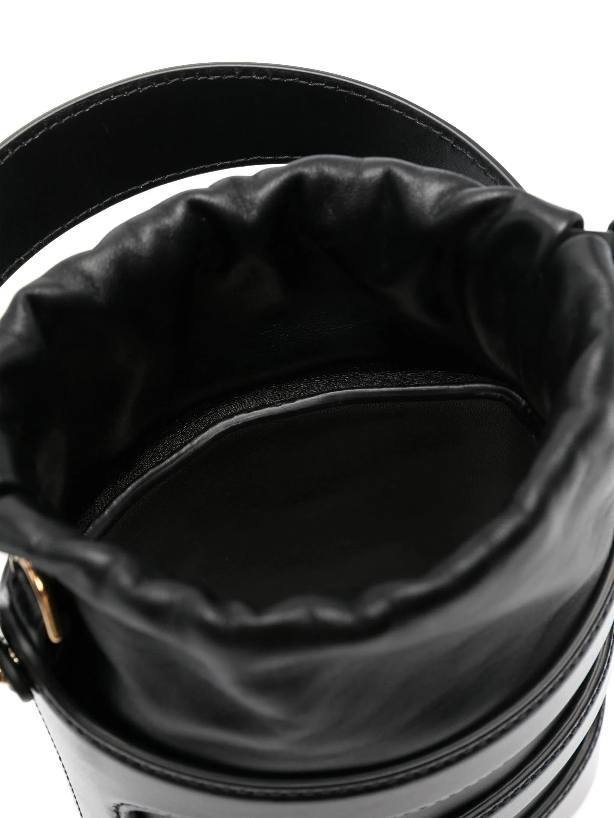 Black Leather Bucket Bag with Chain Strap