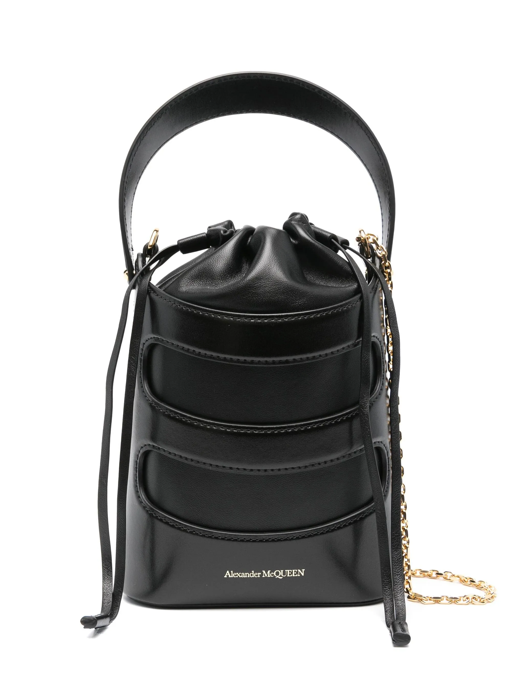 Black Leather Bucket Bag with Chain Strap