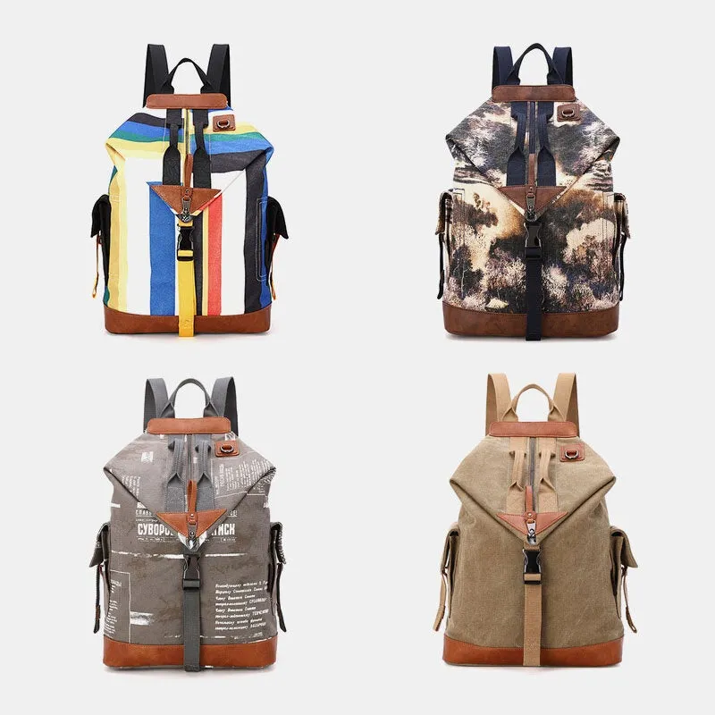 Men Canvas Geometry Letter Printed Pattern Multi-pocket Backpack 15.6 Inch Laptop Bag Travel