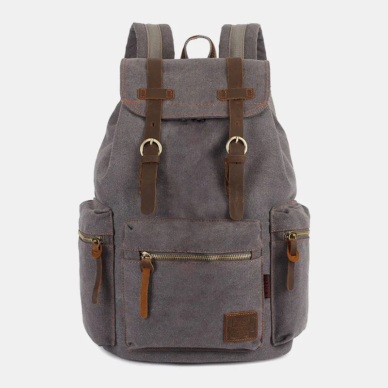 Men Canvas Retro Multifunction 14 Inch Laptop Bag Casual Large Capacity Drawstring Waterproof Backpack