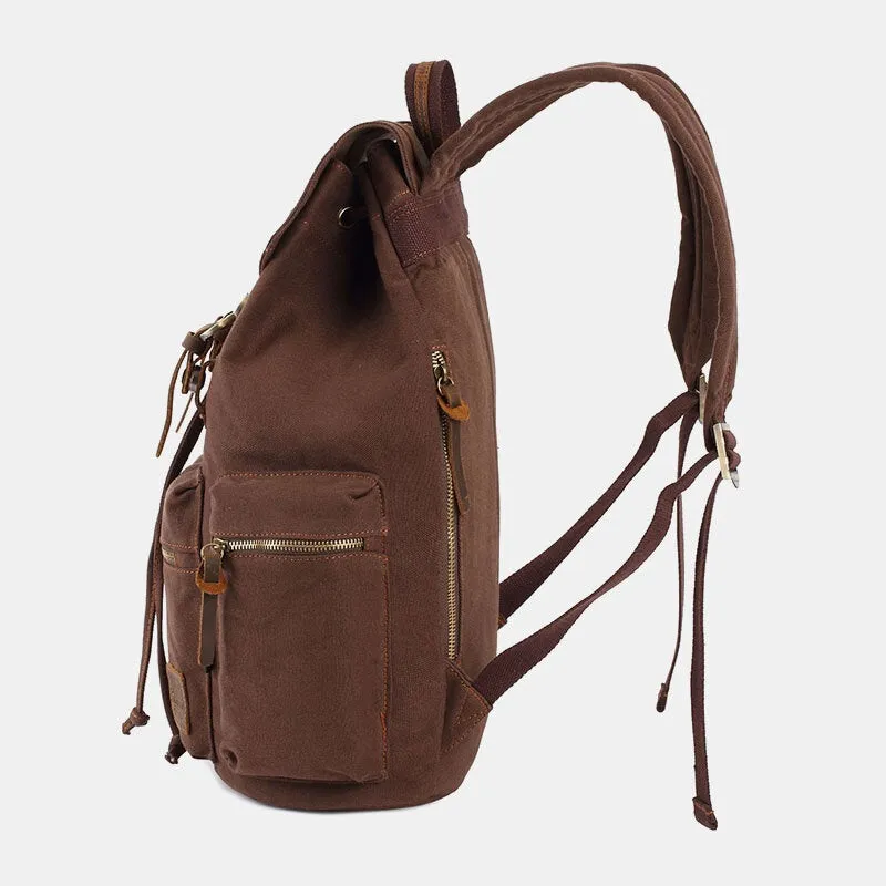 Men Canvas Retro Multifunction 14 Inch Laptop Bag Casual Large Capacity Drawstring Waterproof Backpack