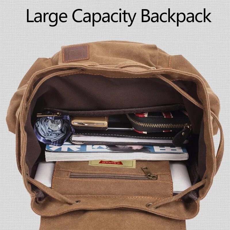 Men Canvas Retro Multifunction 14 Inch Laptop Bag Casual Large Capacity Drawstring Waterproof Backpack