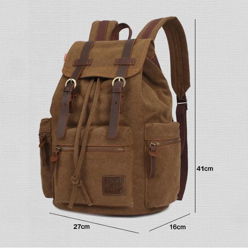 Men Canvas Retro Multifunction 14 Inch Laptop Bag Casual Large Capacity Drawstring Waterproof Backpack