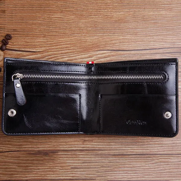 Men Large Capacity Multifunctional Oil Wax Vintage Zipper Hasp Wallet