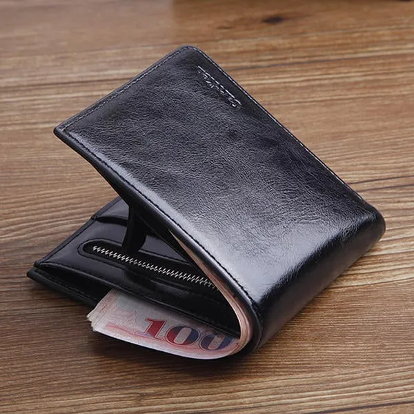 Men Large Capacity Multifunctional Oil Wax Vintage Zipper Hasp Wallet