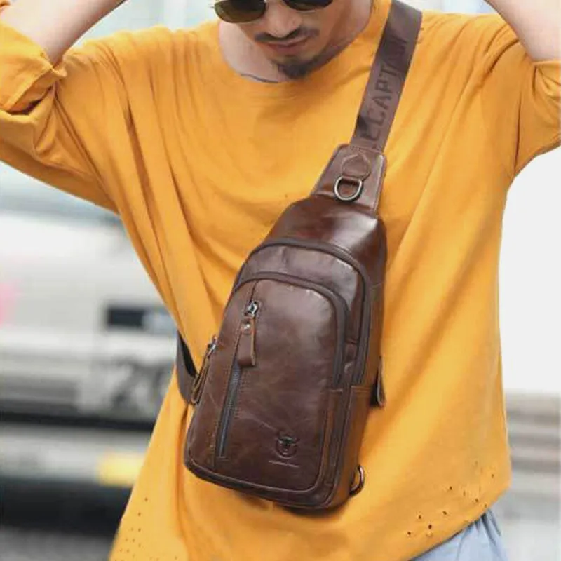 Men Multi-pocket Cowhide Chest Bag Casual Sports Multifunctional Large Capacity Crossbody Shoulder