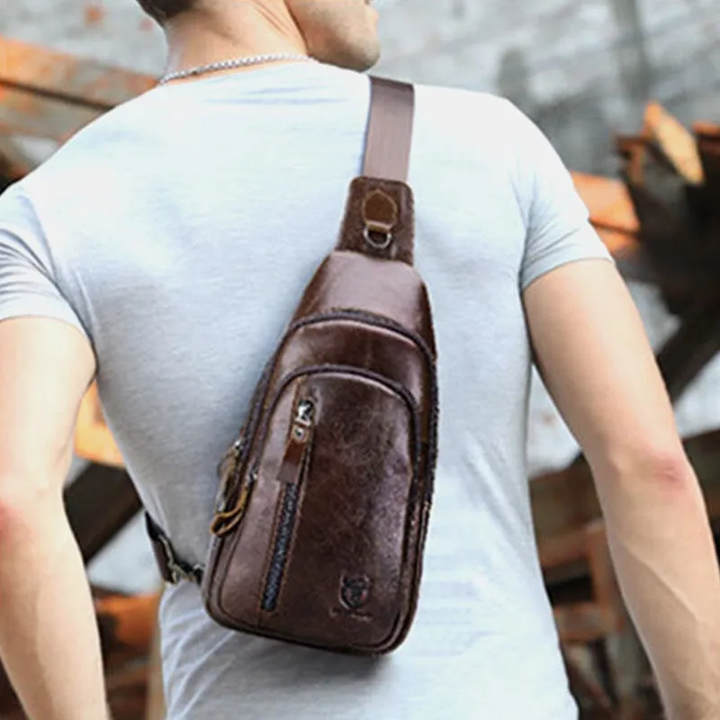 Men Multi-pocket Cowhide Chest Bag Casual Sports Multifunctional Large Capacity Crossbody Shoulder