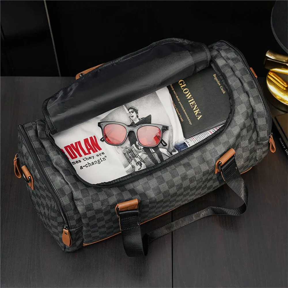 Men PU Leather Plaid Pattern Multifunction Handbag Fashion Multi-pocket Travel Bag Fitness Crossbody Shoulder