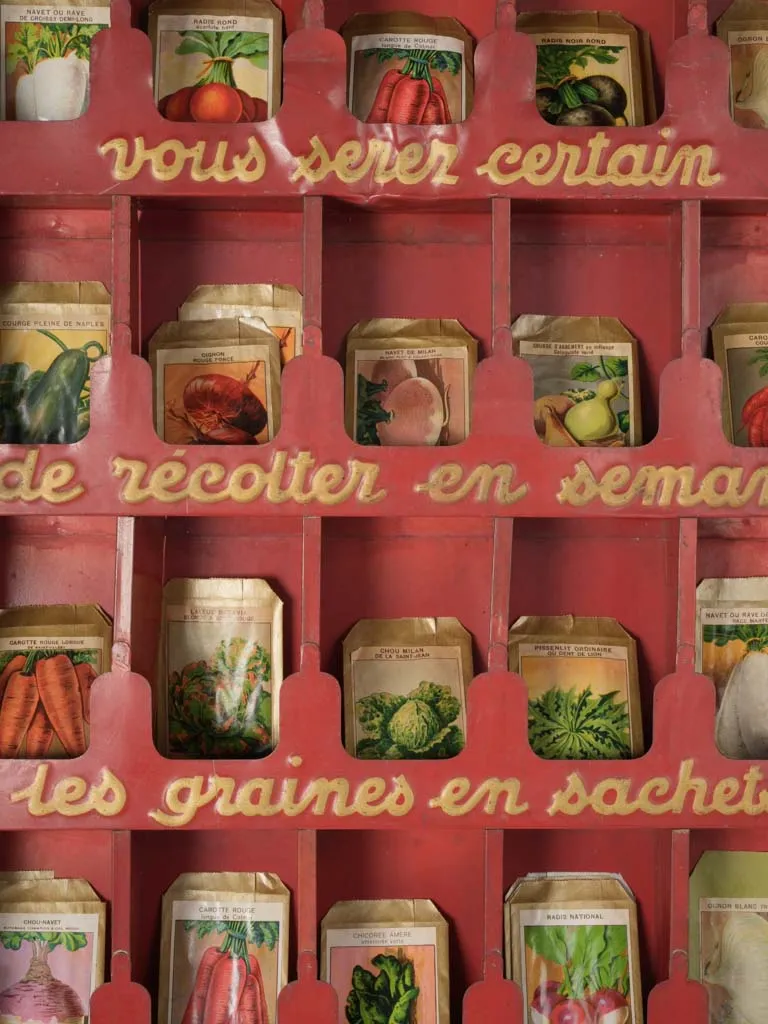 Red Mid-20th Century French "Le Paysan" Seed Display with Seed Packets 41¾"