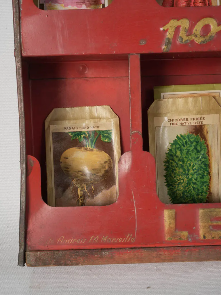 Red Mid-20th Century French "Le Paysan" Seed Display with Seed Packets 41¾"