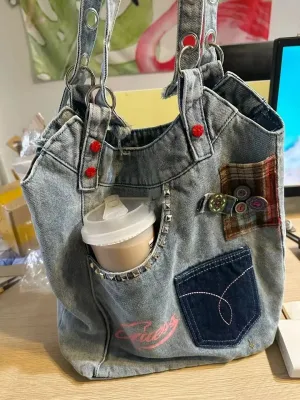 Sohiwoo Korean Y2k Denim Patchwork Underarm Bag Large Capacity Shoulder Bag Women's Commuter Bag Summer Retro Denim Women's Bag