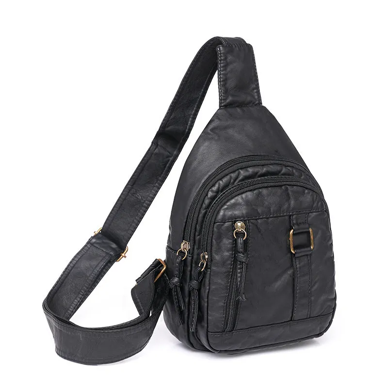 Sohiwoo Minimalist Retro Sling Bag Solid Color Soft Chest Bag Multifunctional Zipper Chest Bag