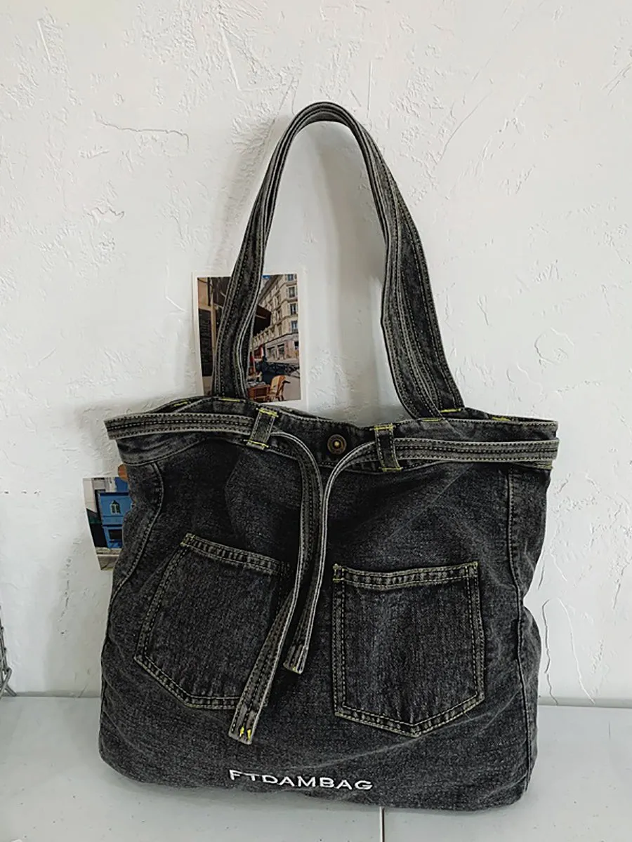 Women Vintage Solid Pocket Denim Handbag Shoulder Bag